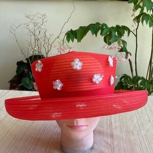 Red Wide-Brim Hat with  White Sequined Beaded Floral Accents